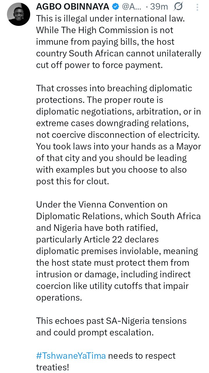 South Africa disconnects electricity at Nigerian High Commission over debt