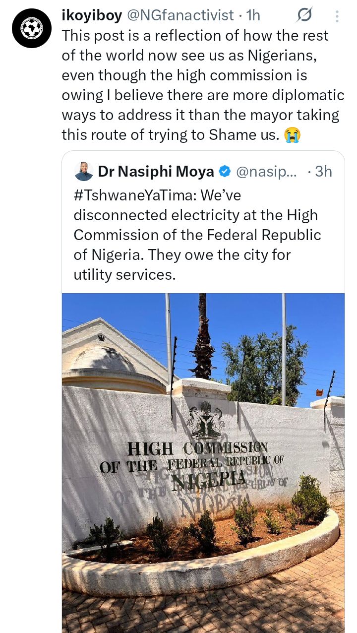 South Africa disconnects electricity at Nigerian High Commission over debt