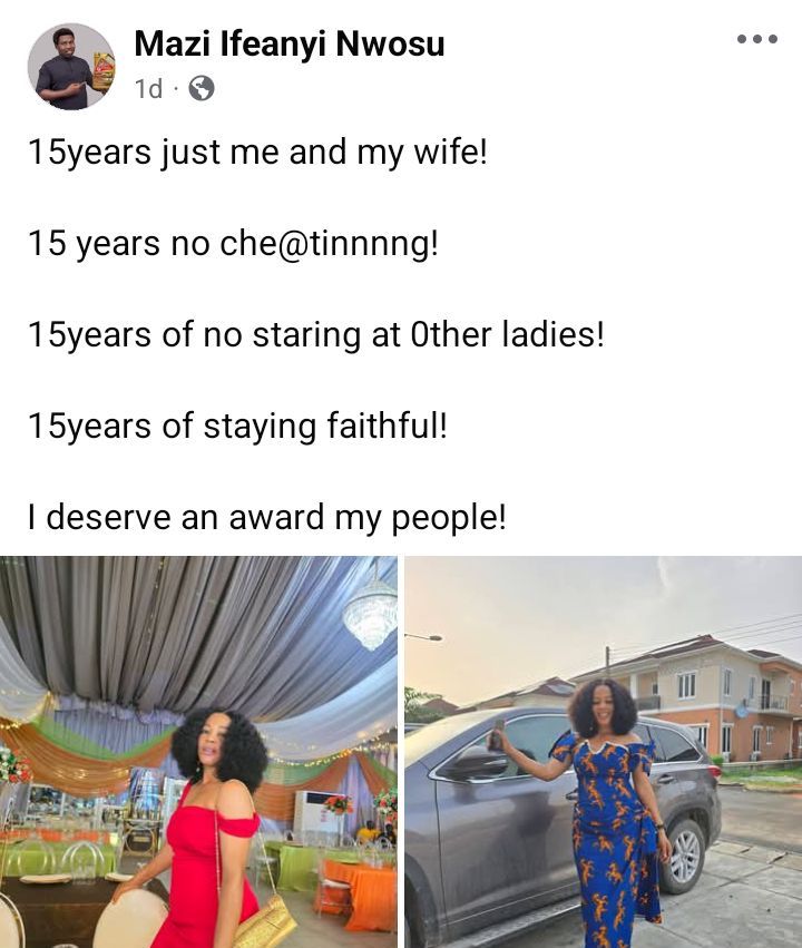 15 years of staying faithful, no cheating, no staring at other ladies - Nigerian man hails self as he celebrates his wedding anniversary