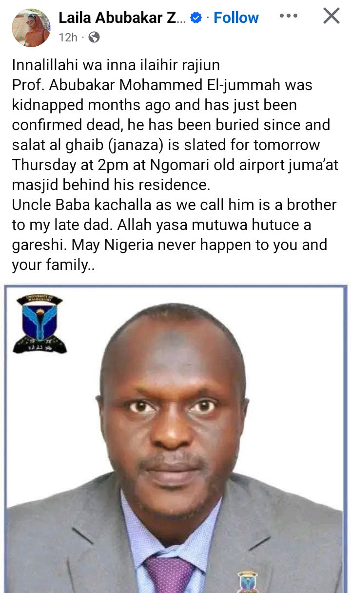 Nigerian Army University professor d!es in Boko Haram captivity almost one year after abduction