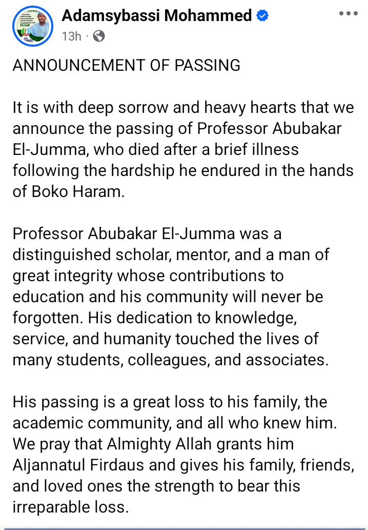 Nigerian Army University professor d!es in Boko Haram captivity almost one year after abduction