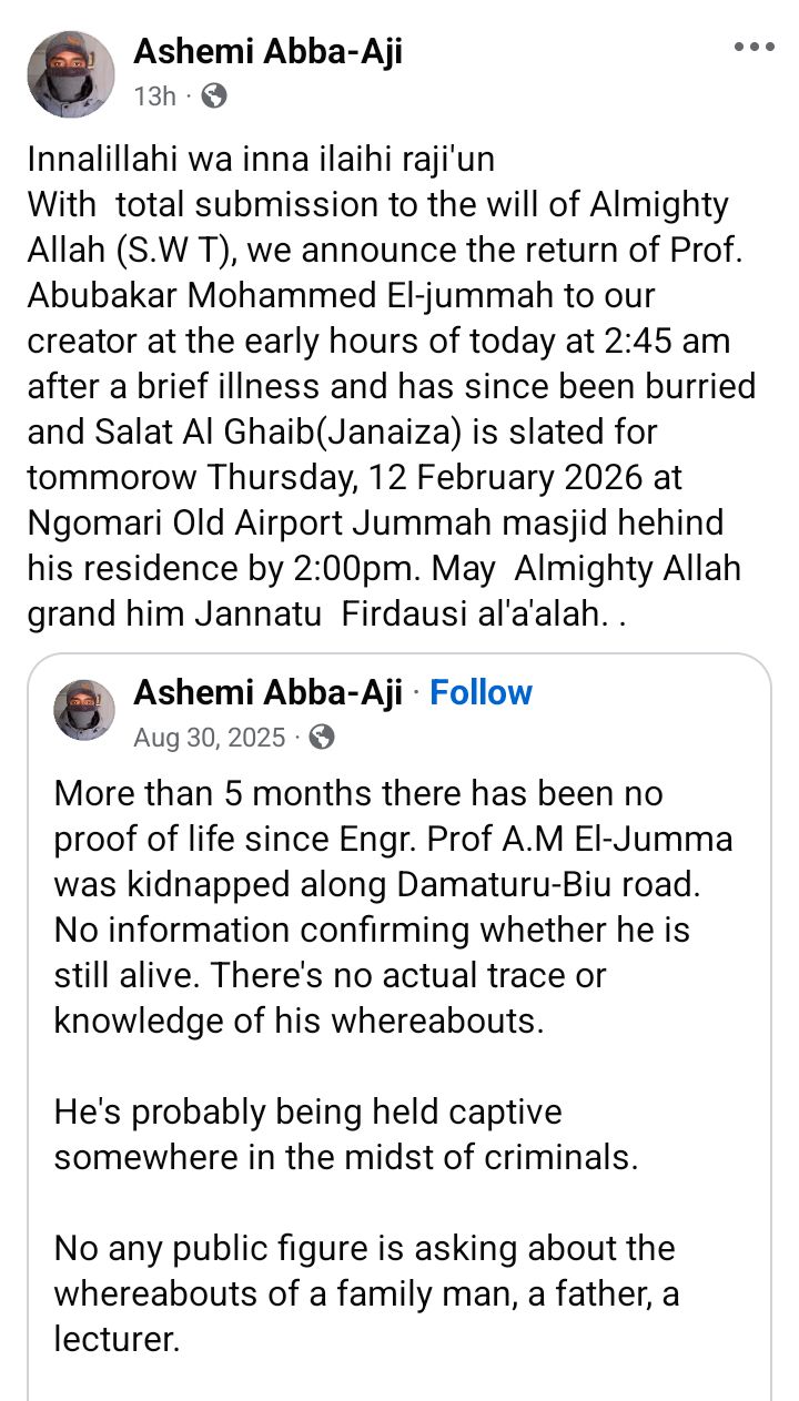 Nigerian Army University professor d!es in Boko Haram captivity almost one year after abduction