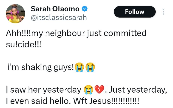 I saw her yesterday - Nigerian lady left in shock after her neighbour committed su!cide over N500,000 debt