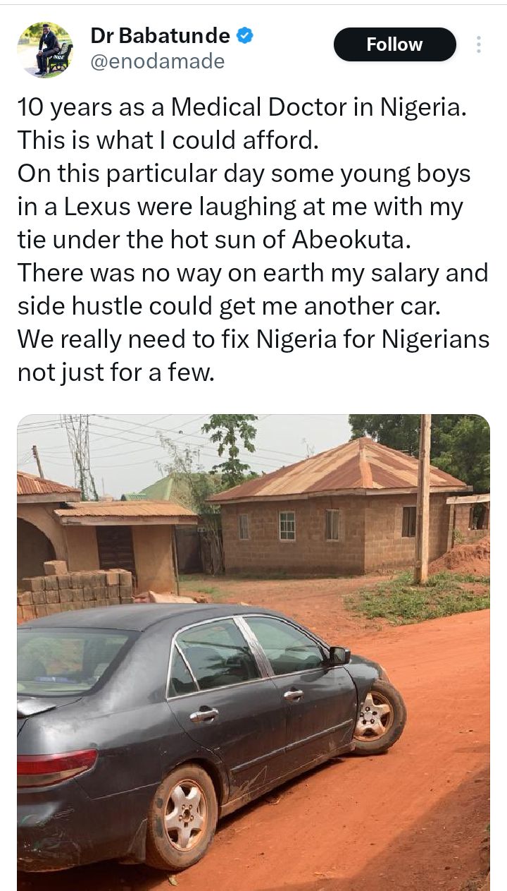 Nigerian medical doctor shares photo of his car after 10 years of practice and a side hustle