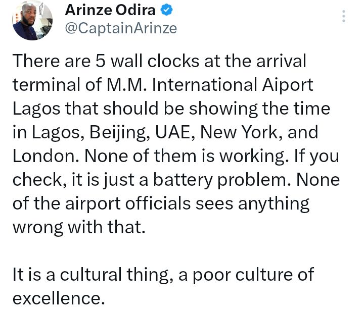 Wall clocks at Lagos airport that should display international times of five countries are not working - Nigerian pilot reveals