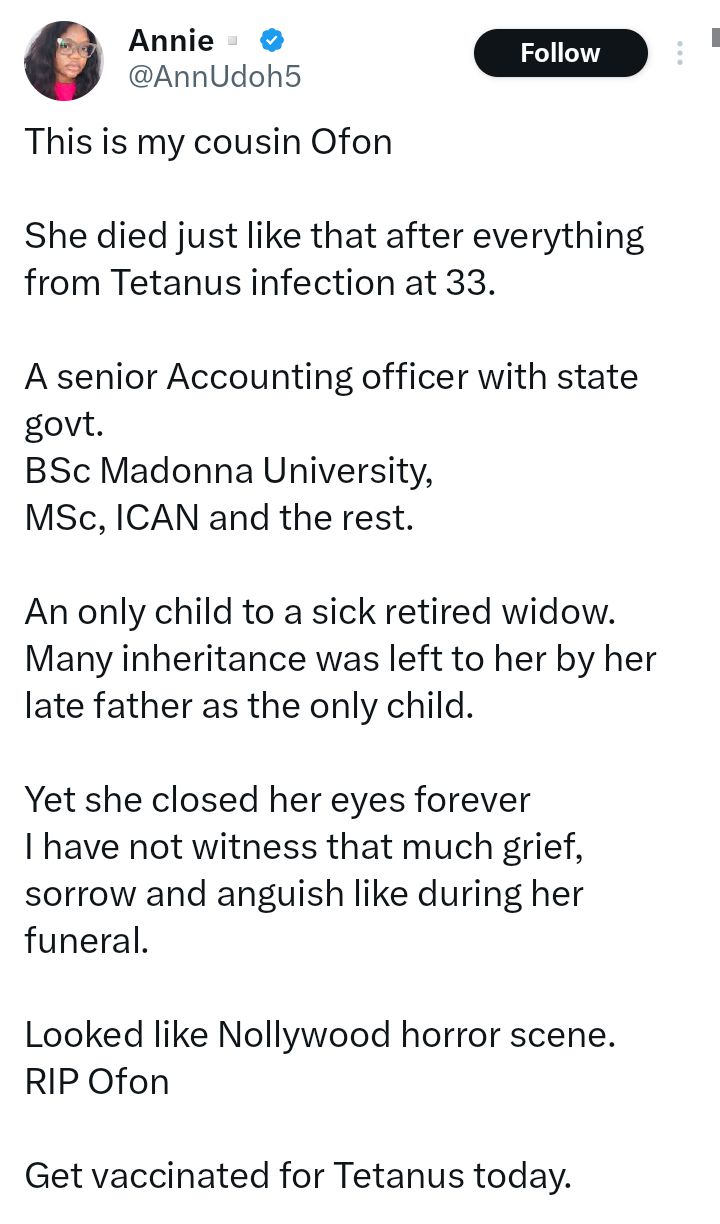 Get vaccinated today - Nigerian lady advises after her widowed aunt's only child d!ed from Tetanus infection