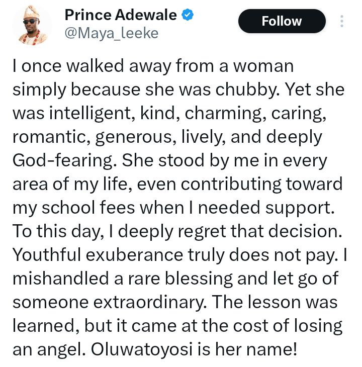 Nigerian man expresses regret for walking away from an