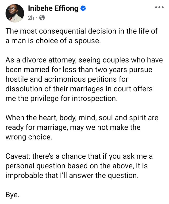 May we not make the wrong choice - Human rights lawyer Inibehe Effiong says after witnessing young marriages end in acrimonious divorce