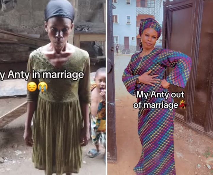 Her husband maltreated and starved her - Nigerian woman shares video showing her aunt's stunning transformation after leaving abusive marriage