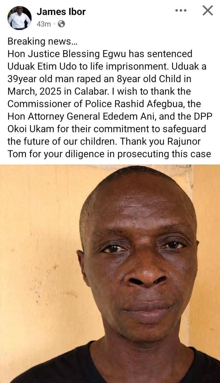 Court sentences man to life imprisonment for r@ping 8-year-old girl in Calabar