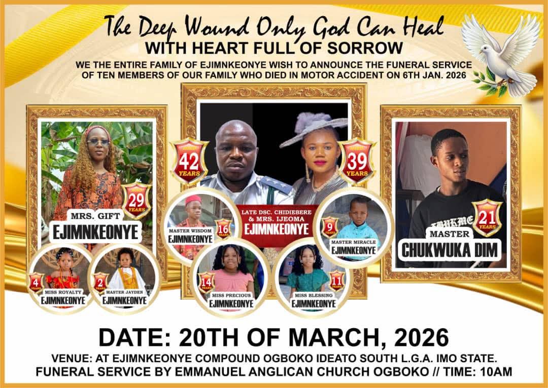 Funeral service of ten family members who d!ed in motor accident set to be held in Imo State