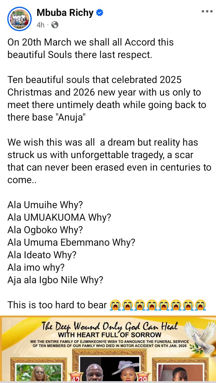 Funeral service of ten family members who d!ed in motor accident set to be held in Imo State