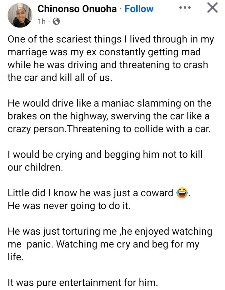 My ex constantly got angry while driving, threatening to crash the car and k!ll all of us - Nigerian woman recalls scariest experience in her marriage