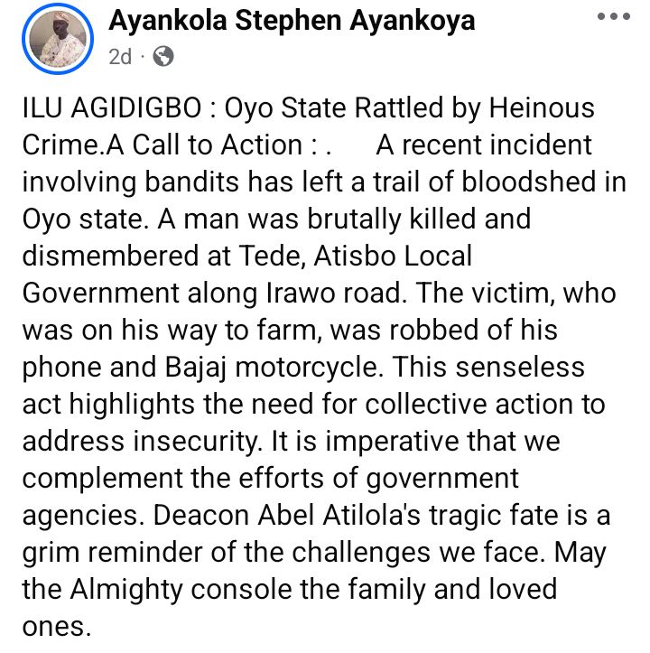 Unknown assailants k!ll retired teacher in Oyo