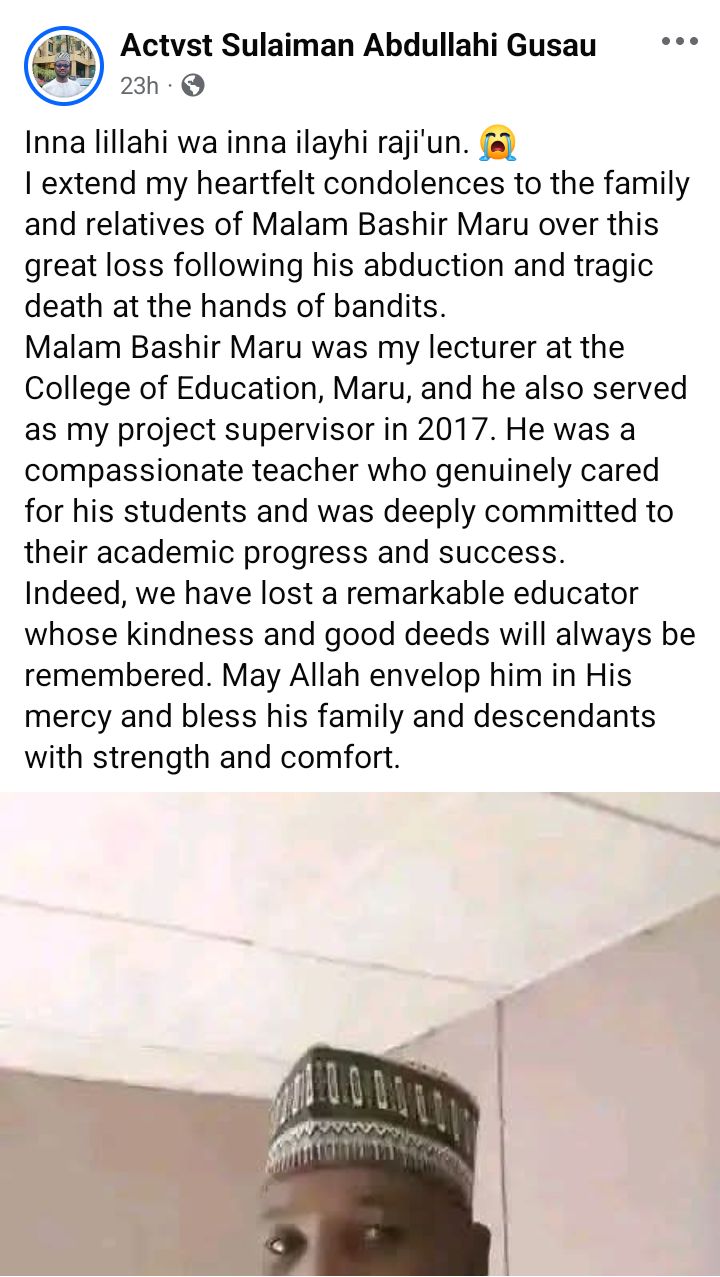 Bandits k!ll abducted Zamfara lecturer, release his wife, daughter and 12 other victims