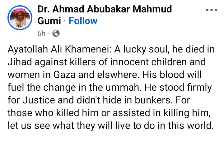 Sheikh Ahmad Gumi reacting to Ayatollah Khamenei's death