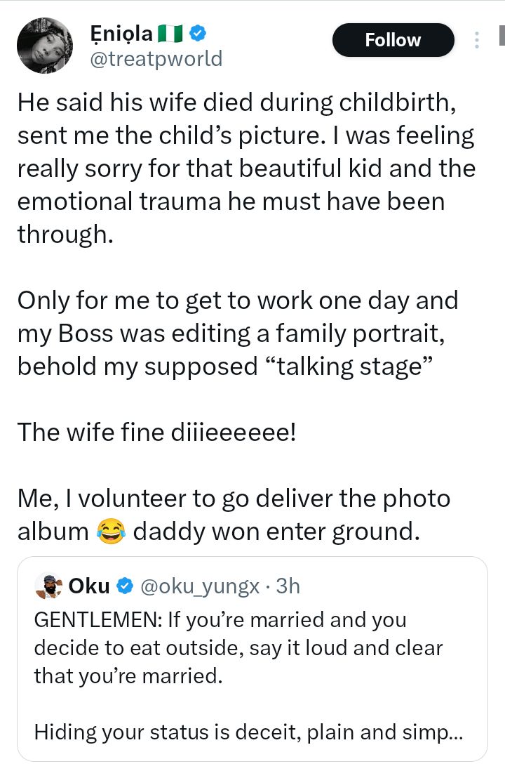 A talking stage told me his wife, who is alive, d!ed during childbirth - Nigerian lady reveals