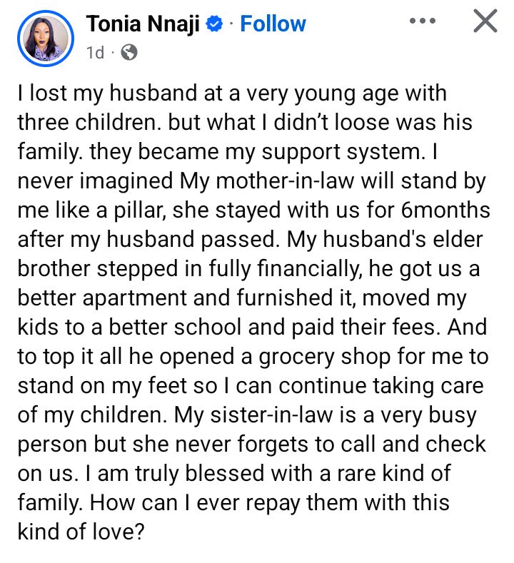 I am truly blessed with a rare kind of family - Nigerian widow pens heartfelt appreciation post for her in-laws