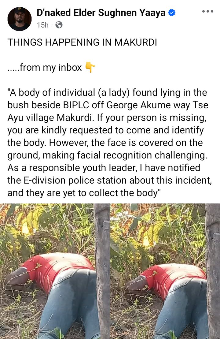 Body of unidentified woman discovered in Makurdi