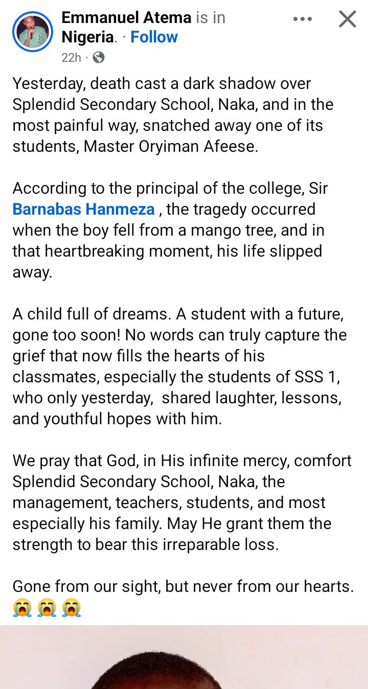 SS1 student d!es after falling from mango tree in Benue