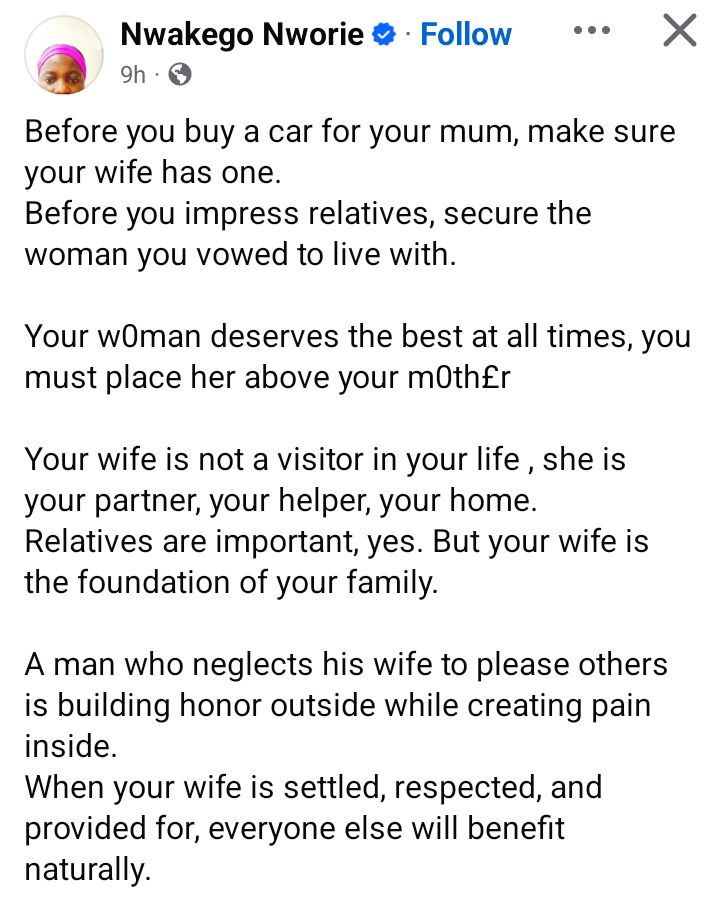 âBefore you buy a car for your mother, make sure your wife has one - Nigerian lady tells men