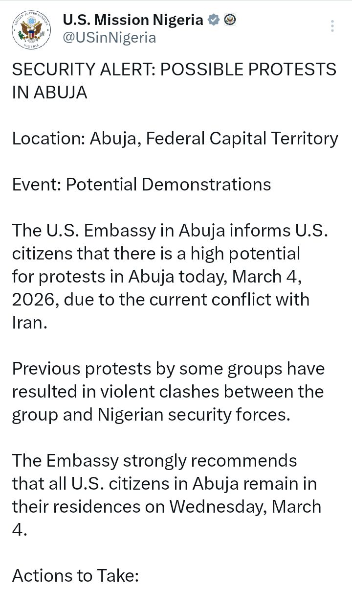 Iran: U.S embassy warns citizens to remain indoors amid potential protests in Abuja