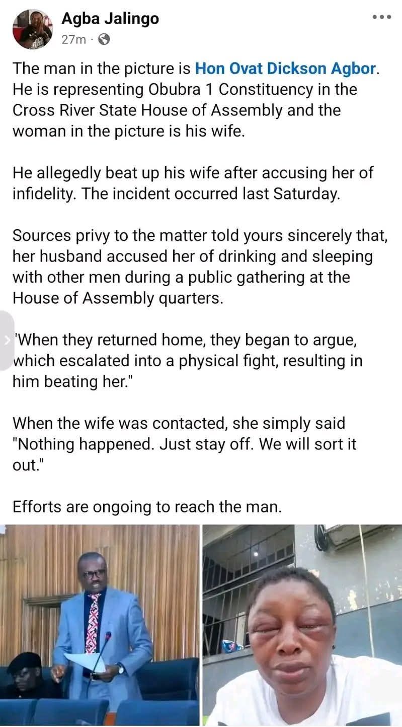 Domestic violence: Cross River Assembly suspends lawmaker for allegedly assaulting his wife