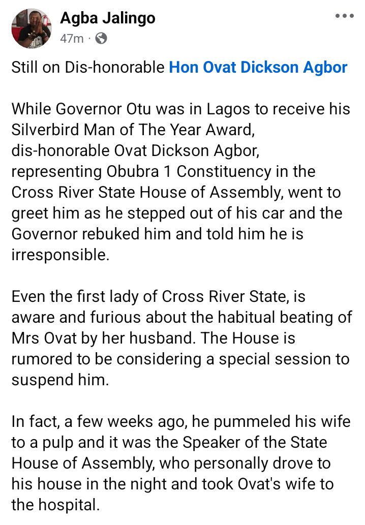 Domestic violence: Cross River Assembly suspends lawmaker for allegedly assaulting his wife