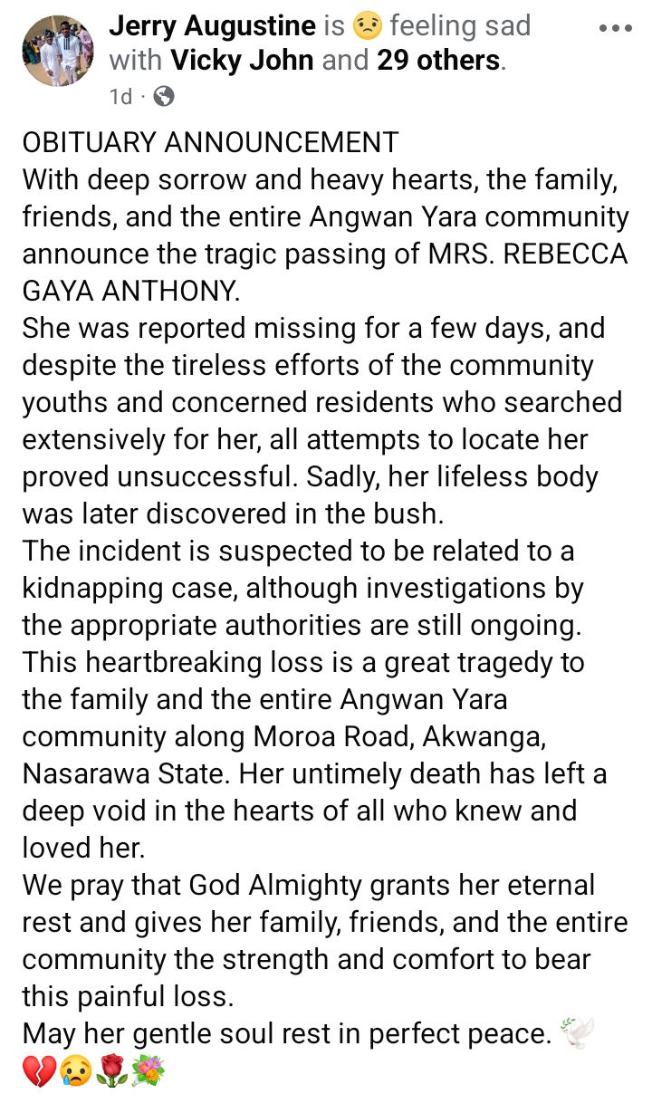 Unknown assailants kidnap and k!ll woman in Nasarawa community