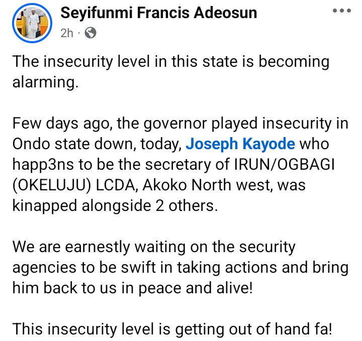 Gunmen kidnap LG Secretary and one other in Ondo community