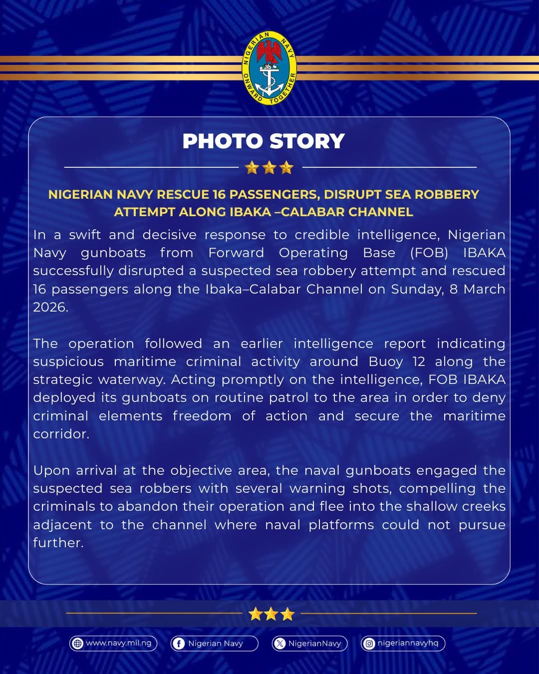 Nigerian Navy foils sea robbery, rescues 16 passengers in Calabar