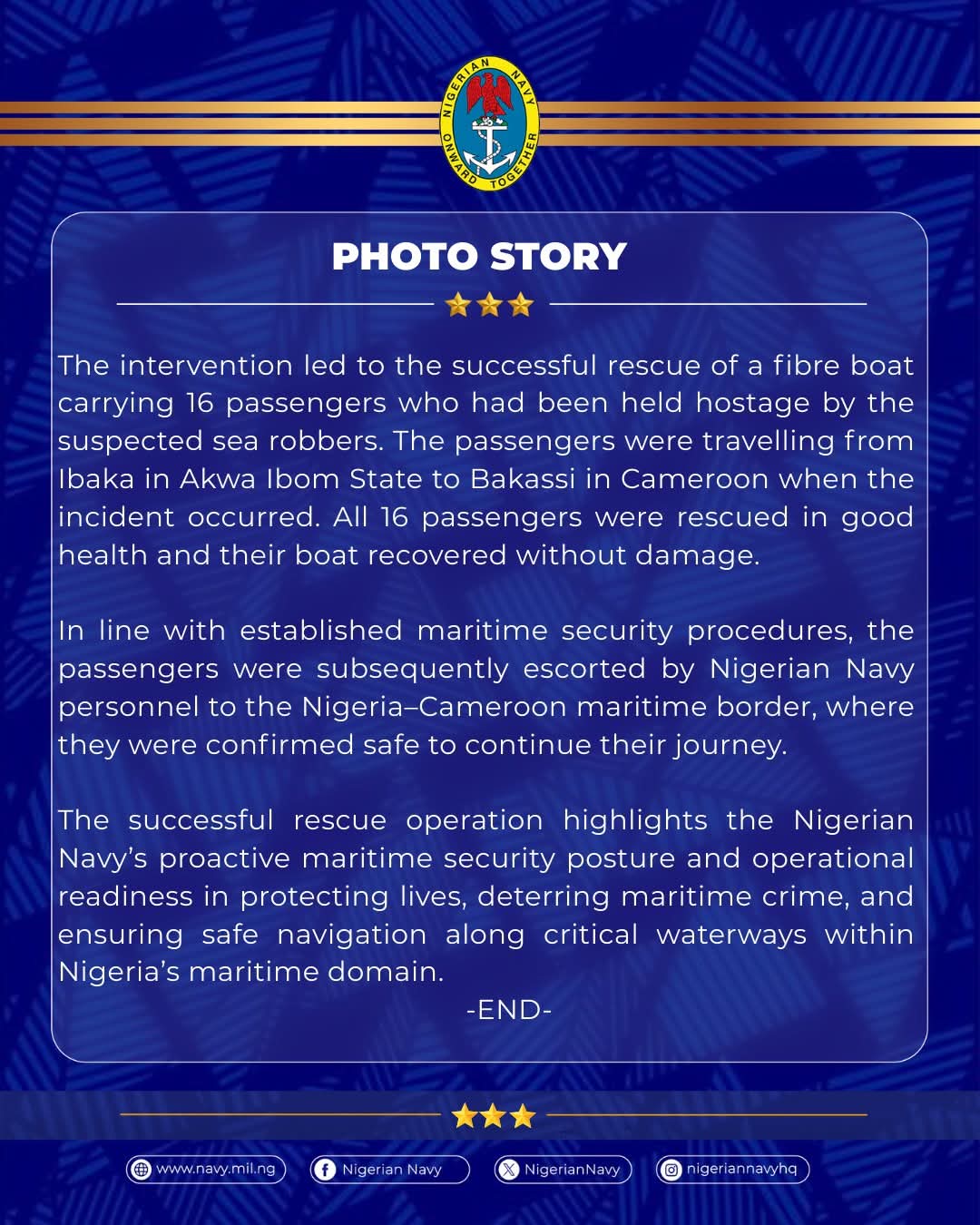 Nigerian Navy foils sea robbery, rescues 16 passengers in Calabar