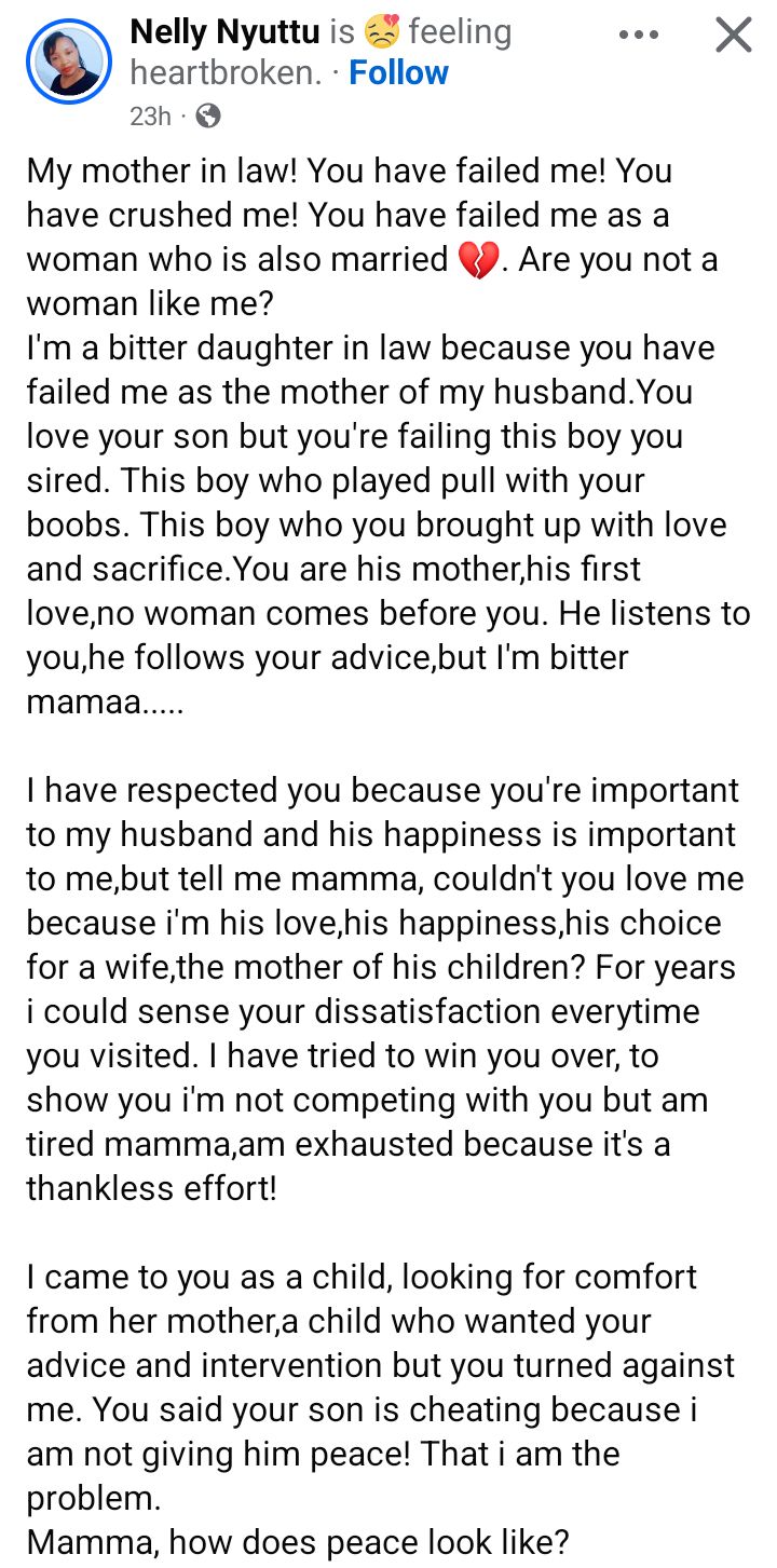 Mama, you have taught me to never be as heartless and evil like you - Woman calls out her mother-in-law