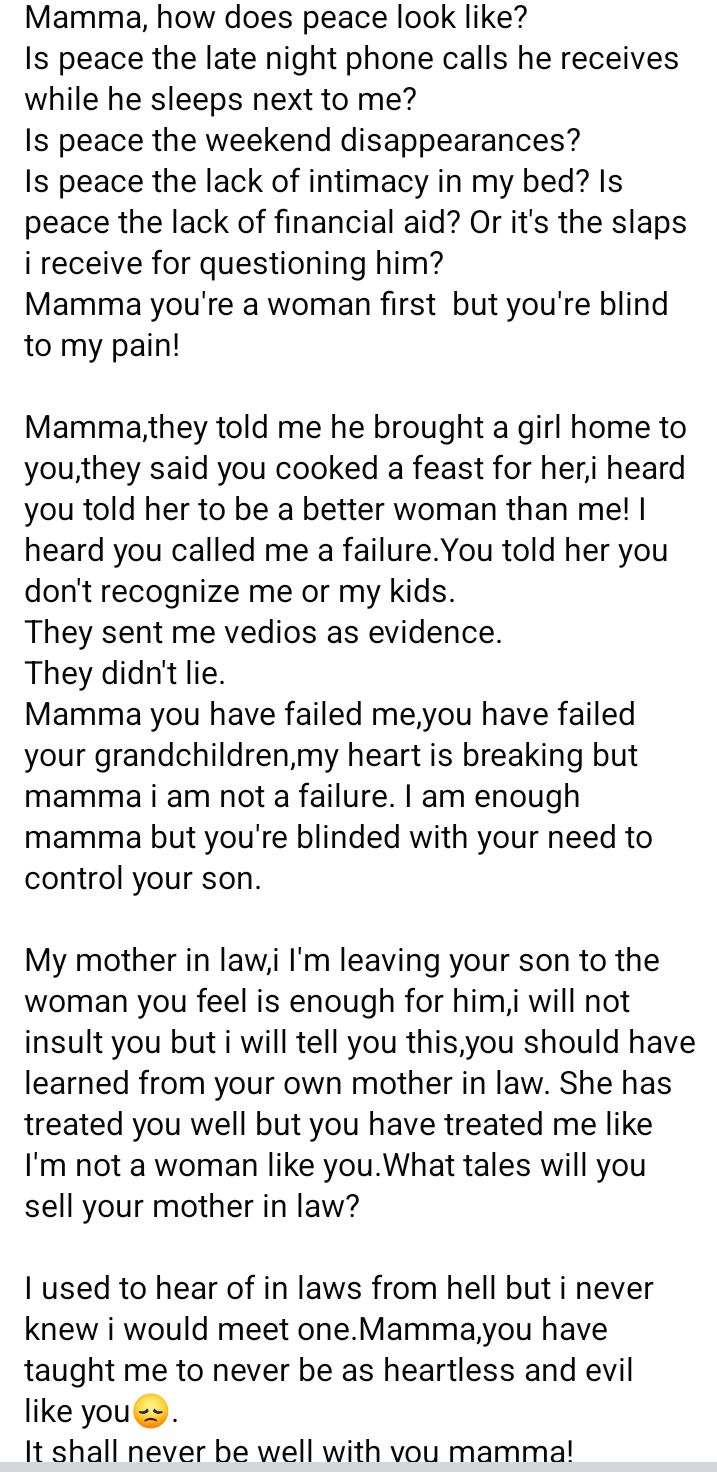 Mama, you have taught me to never be as heartless and evil like you - Woman calls out her mother-in-law