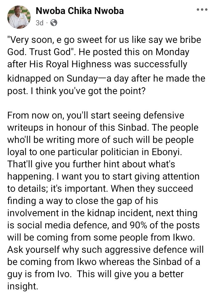 "Very soon e go sweet for us like say we bribe God" - Facebook post of APC publicity secretary arrested over alleged involvement in kidnap and m8rder of Ebonyi traditional ruler