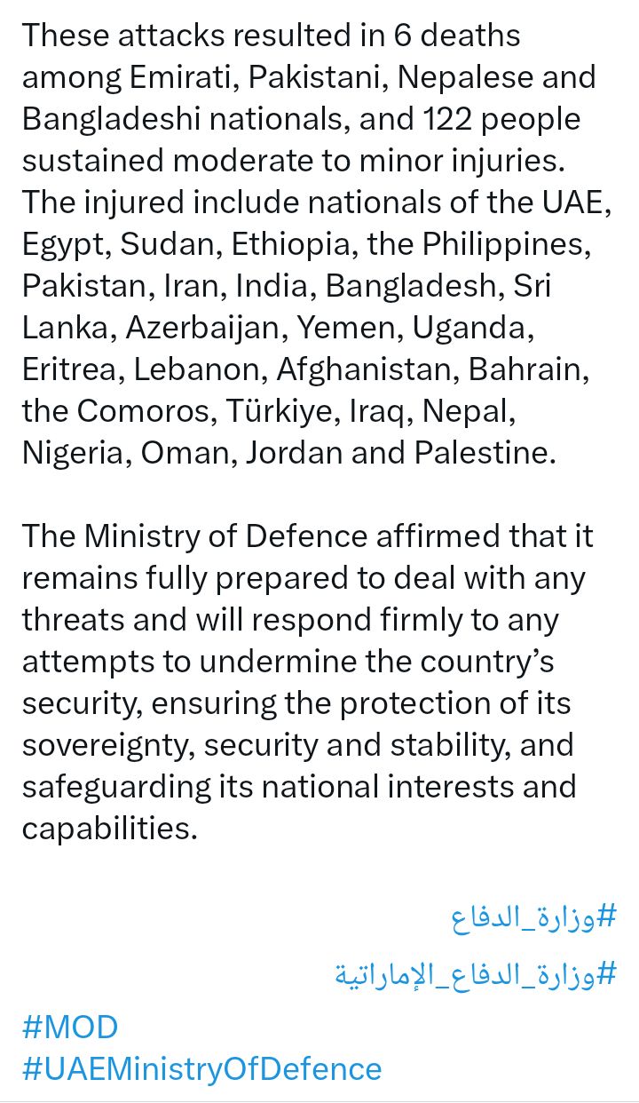 Nigerian injured as Iran fires fresh missiles into UAE