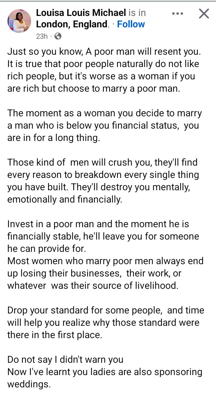 They will destroy you mentally, emotionally and financially - Nigerian lady advises rich women to avoid marrying poor men