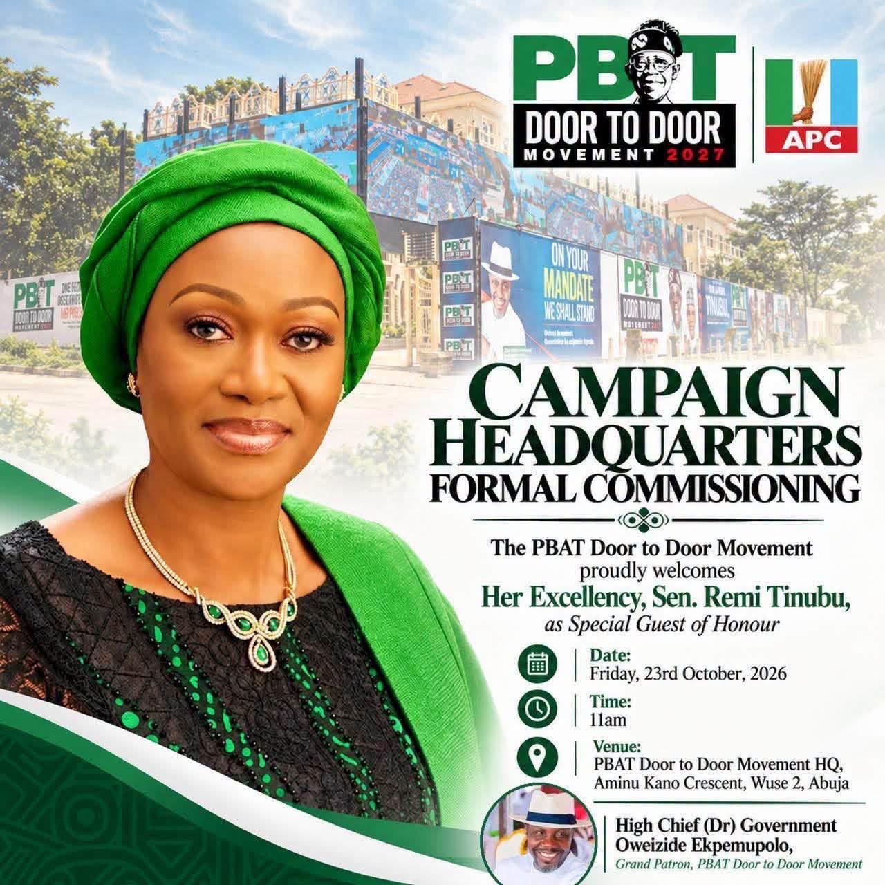 First Lady Oluremi Tinubu to Open PBAT Door‑to‑Door Movement Headquarters in Abuja