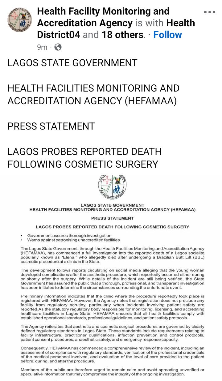 BBL: Lagos State Govt probes socialite's d3ath after cosmetic surgery