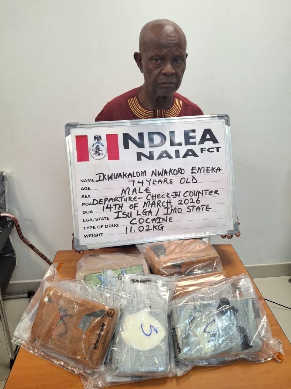 UK-bound 74-year-old grandpa arrested at Abuja airport with 11kg cocaine concealed in food items and balloons (videos)