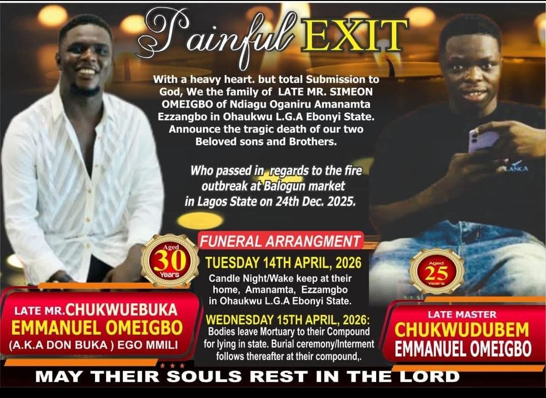 Family fixes date for burial of two brothers k!lled in Lagos fire incident