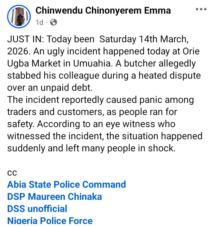 Butcher st@bs customer during dispute over price of meat in Umuahia