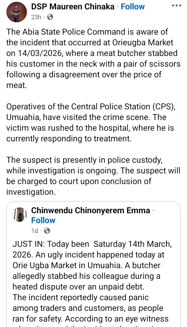 Butcher st@bs customer during dispute over price of meat in Umuahia