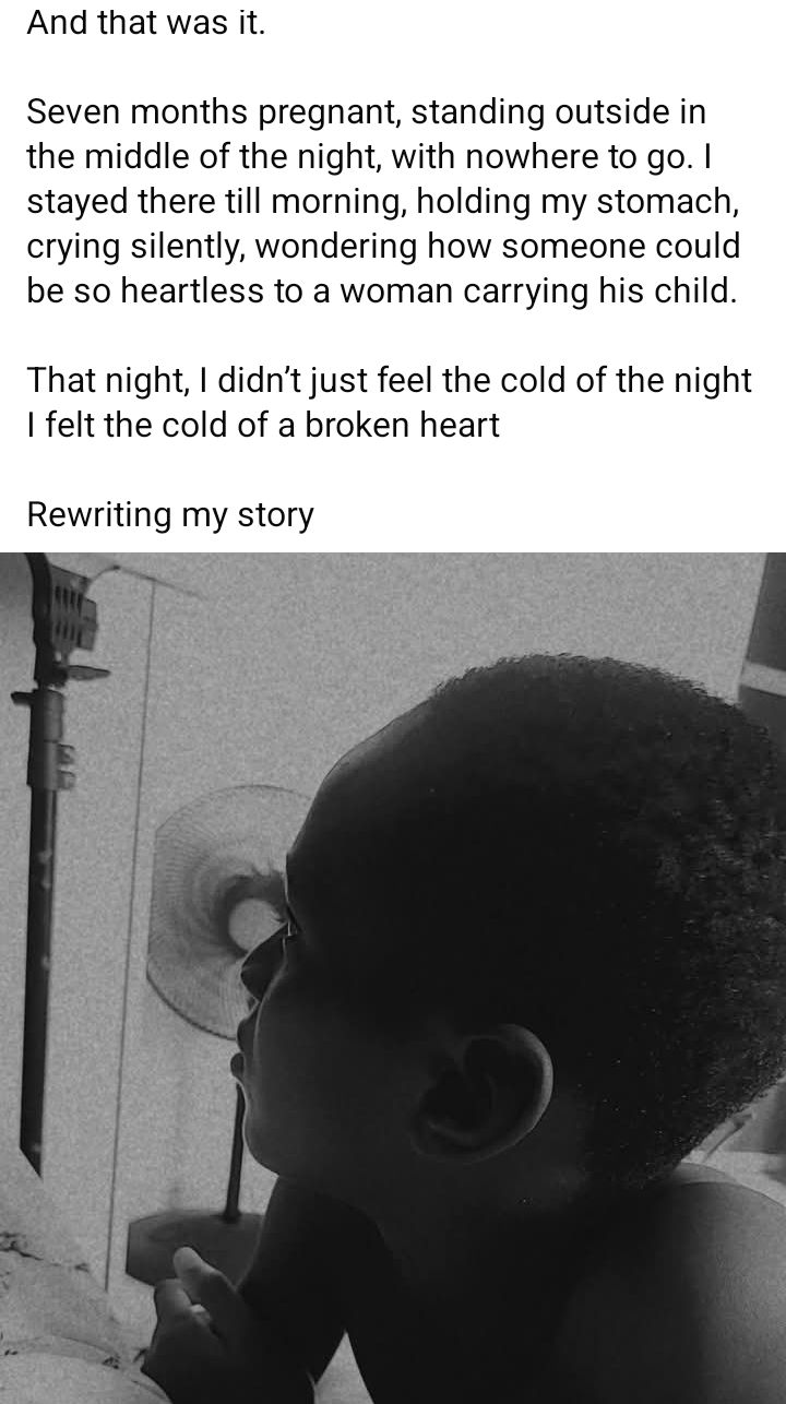 "I was seven months pregnant and tired" - Nigerian woman recalls when her child's father allegedly threw her out at midnight for refusing to have s3x with him