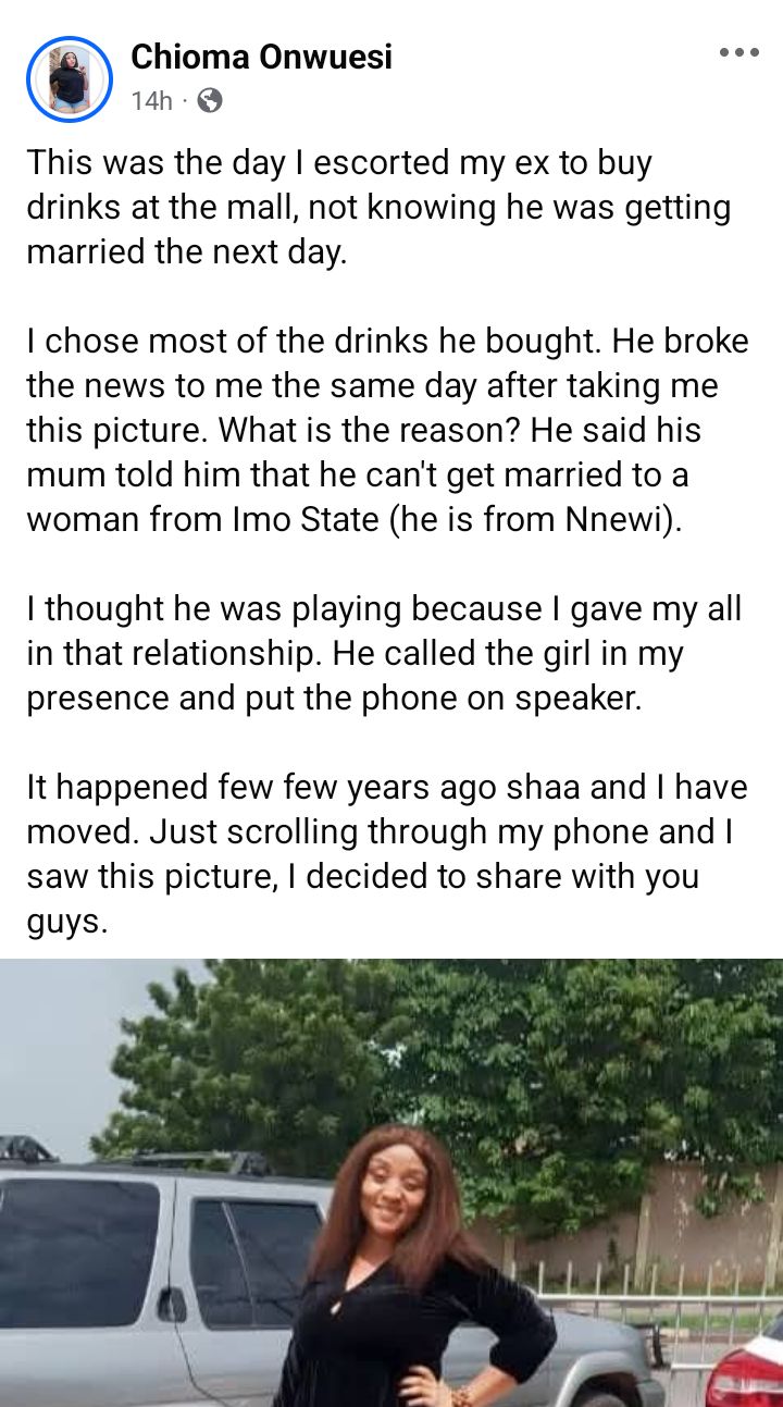 I escorted my ex to buy drinks at a mall not knowing he was getting married to another woman the next day - Nigerian lady narrates