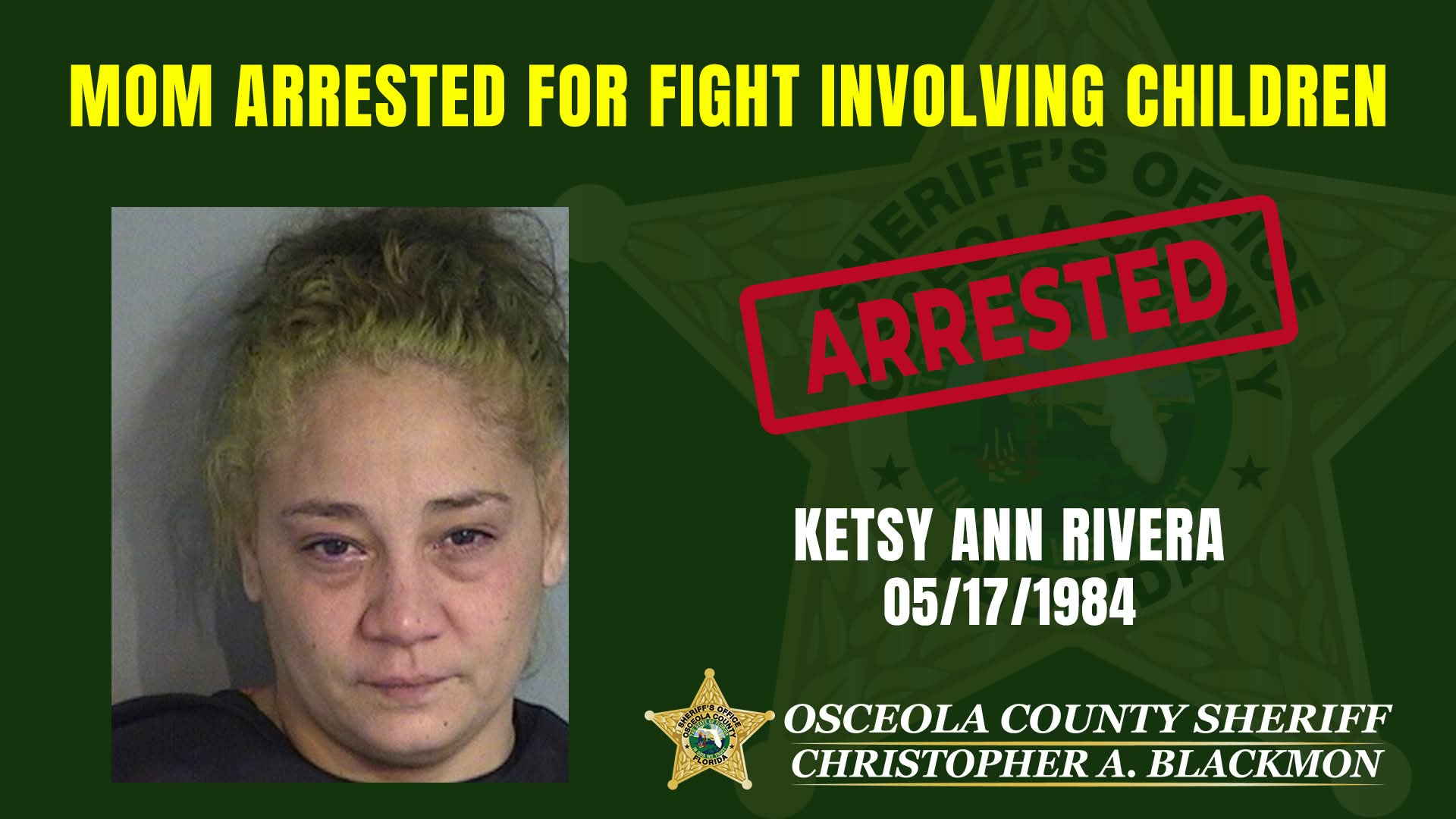 Woman arrested for ordering her children to beat up 10-year-old child who called her "fat"