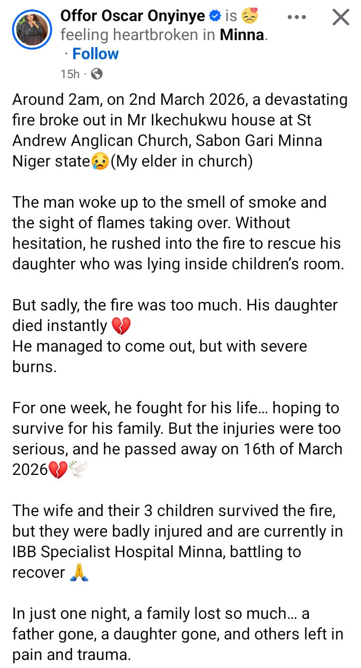 Fire k!lls father and his 6-year-old daughter in Minna