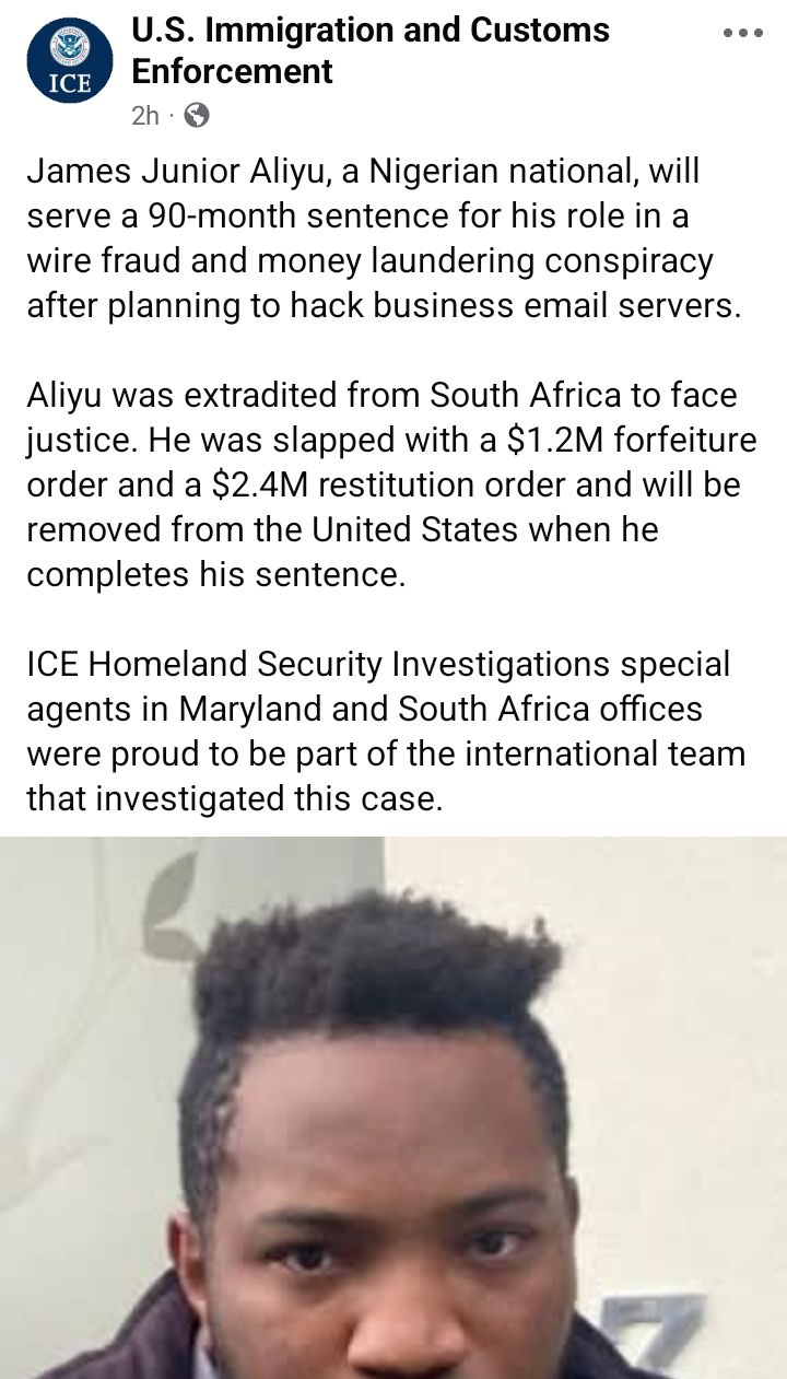 Nigerian man sentenced to 90 months imprisonment in US for fraud and money laundering