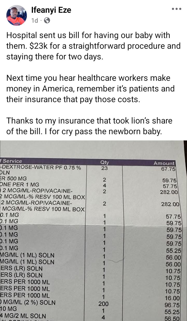 $23k for straightforward procedure and 2-day stay - US-based Nigerian man laments huge hospital bill he received after wife gave birth