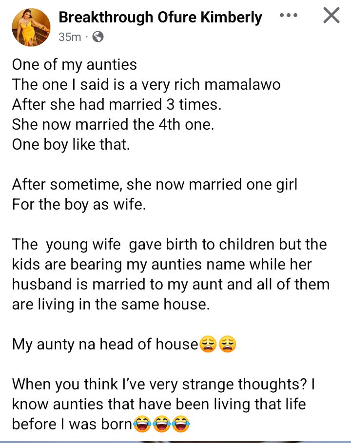Nigerian lady shares interesting story about her rich aunt who has been married four times